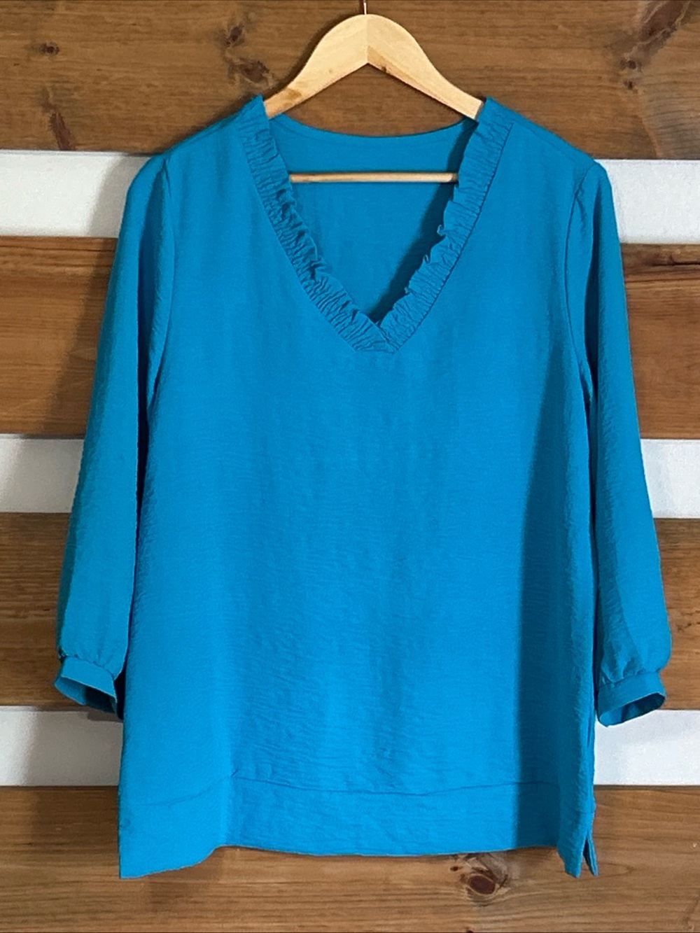 Unbranded Blue Teal V-Neck Gauze 3/4 Sleeve Smocked Neck Chic Business Size M